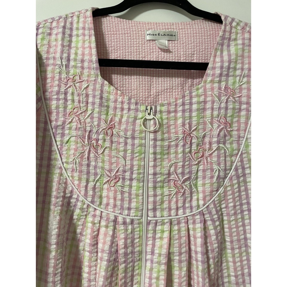 Miss Elaine Seersucker Zip Long Robe Housecoat Embroidered Pink Green Purple XL - Picture 2 of 6